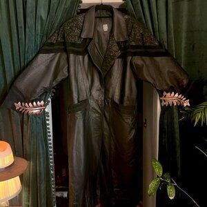 Vintage Western Leather Trench Coat Paisley Suede Accents Women’s XL Men’s L